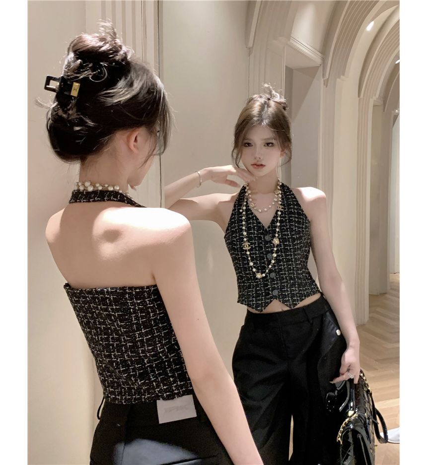 Halter Neck Plaid Tweed Button-Up Crop Vest