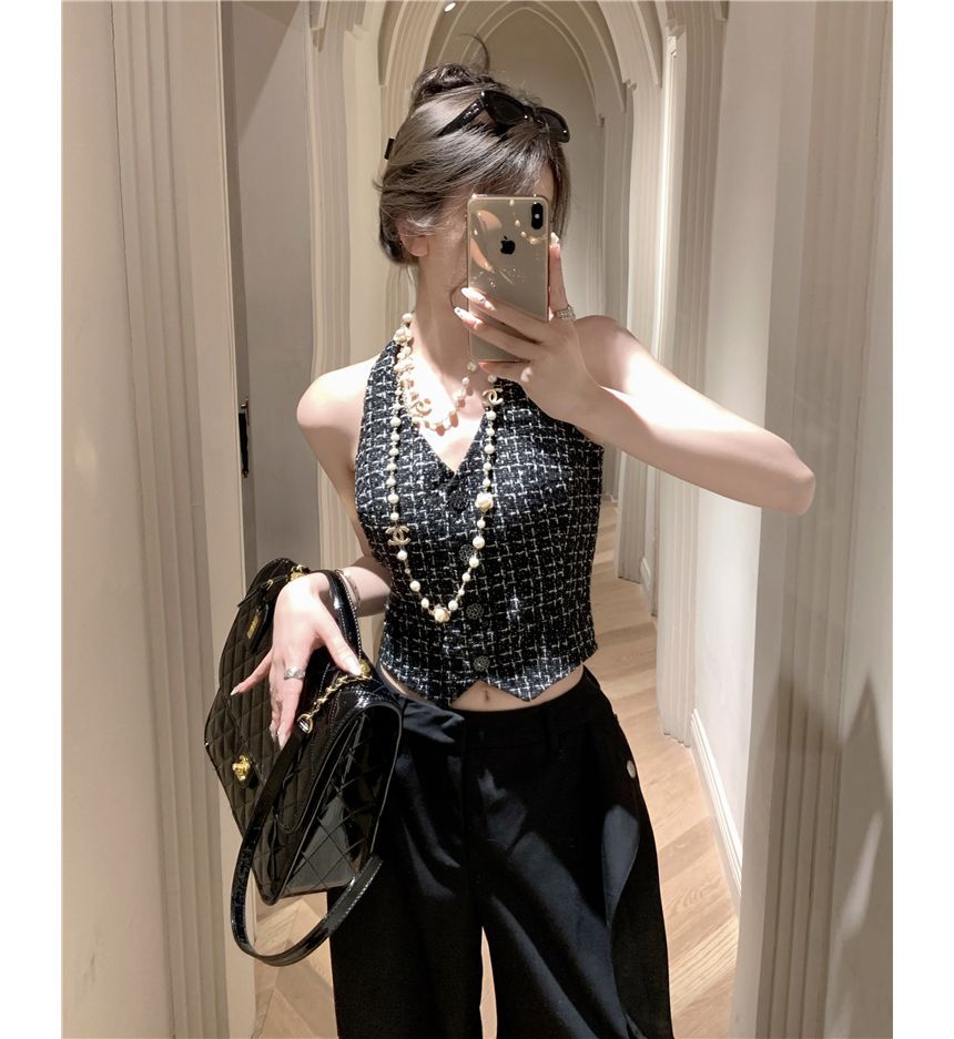 Halter Neck Plaid Tweed Button-Up Crop Vest