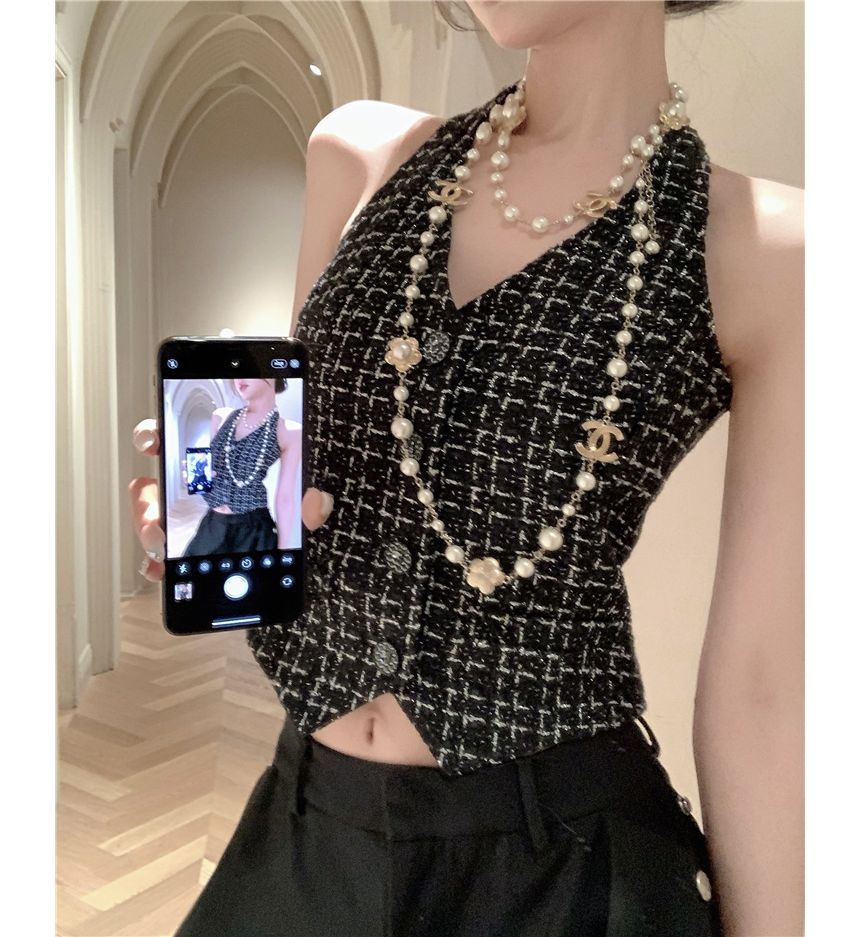 Halter Neck Plaid Tweed Button-Up Crop Vest