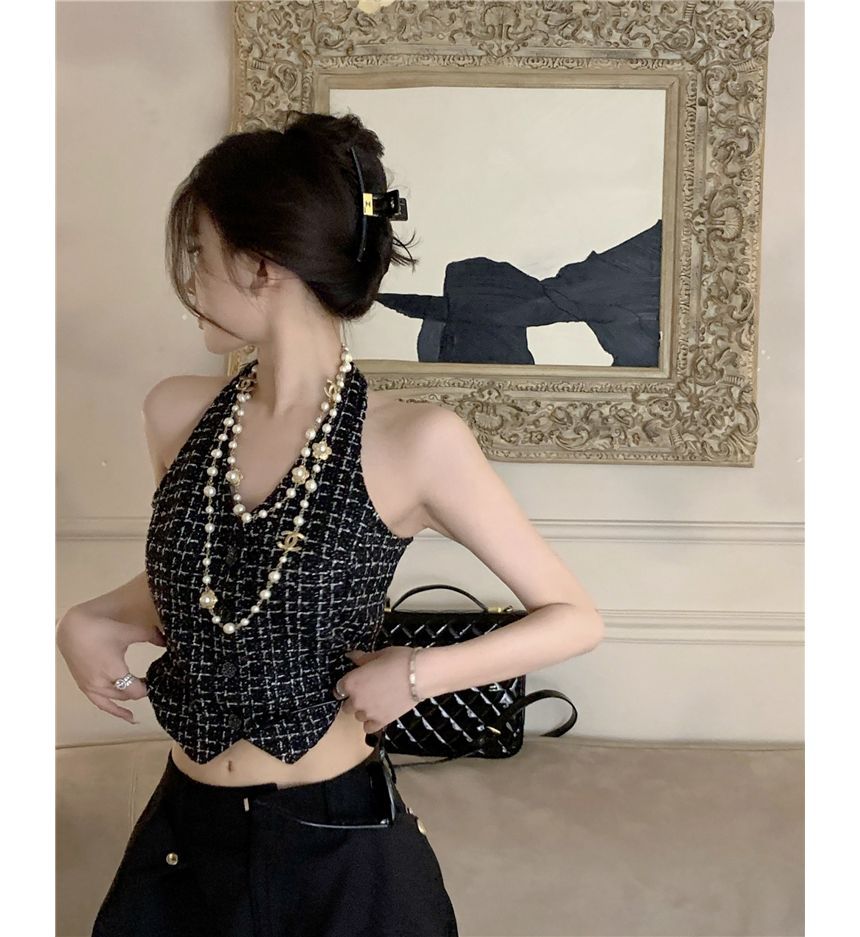 Halter Neck Plaid Tweed Button-Up Crop Vest