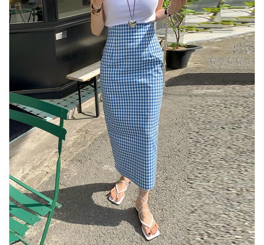 High Waist Gingham Midi Pencil Skirt