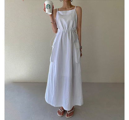 Spaghetti Strap Plain Drawstring Maxi Sundress