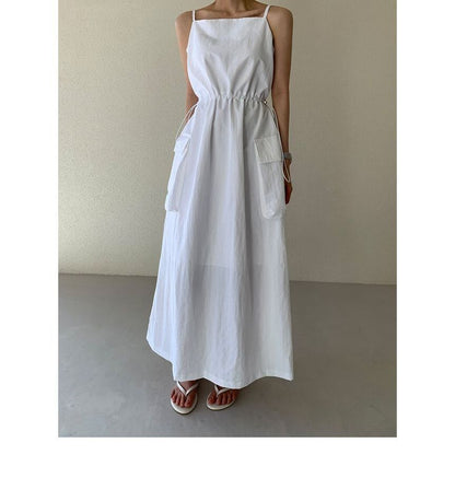 Spaghetti Strap Plain Drawstring Maxi Sundress