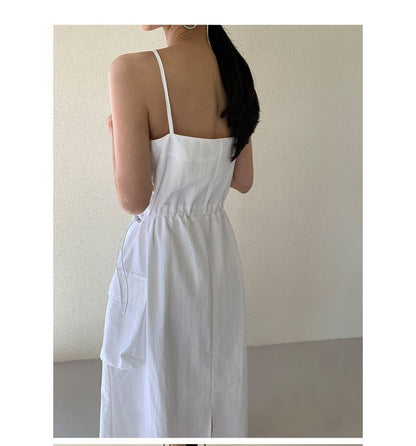 Spaghetti Strap Plain Drawstring Maxi Sundress