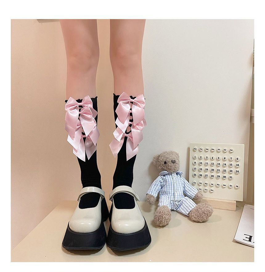 Plain Bow Cutout Tall Socks