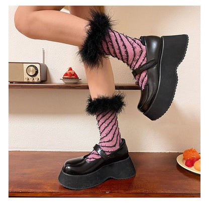 Striped Fluffy Trim Socks