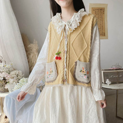 Flower Embroidered Single-Breasted Vest / Long-Sleeve Lace Trim Midi A-Line Dress