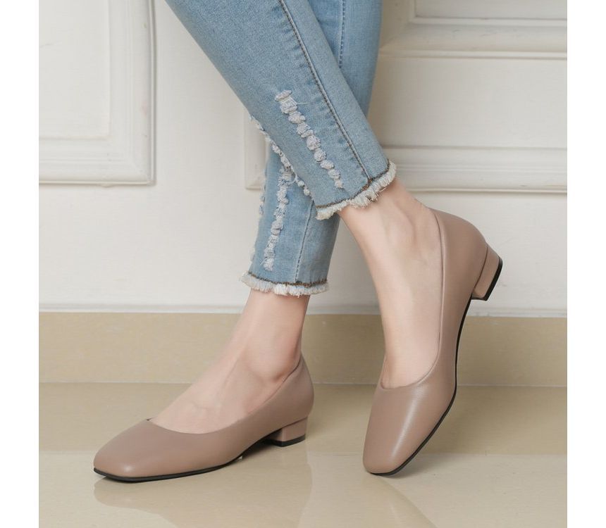 Toe Block Square Leather Plain Faux Heel Pumps