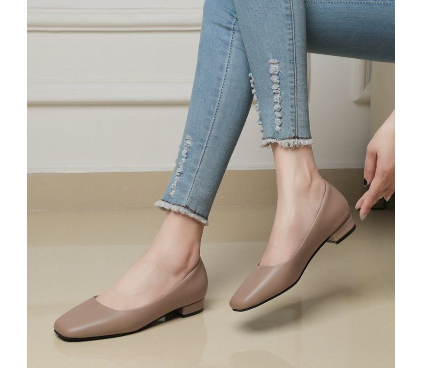 Toe Block Square Leather Plain Faux Heel Pumps