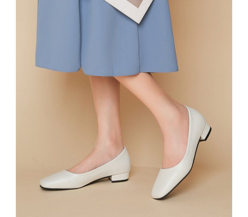 Toe Block Square Leather Plain Faux Heel Pumps