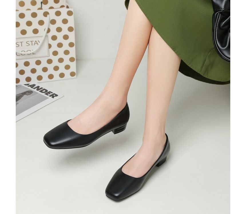 Toe Block Square Leather Plain Faux Heel Pumps