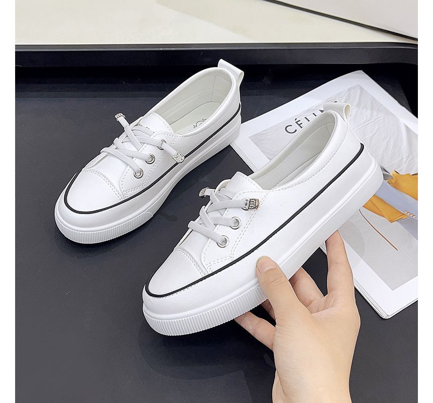 Lace-Up Slip-Ons Contrast Faux Trim Leather Platform