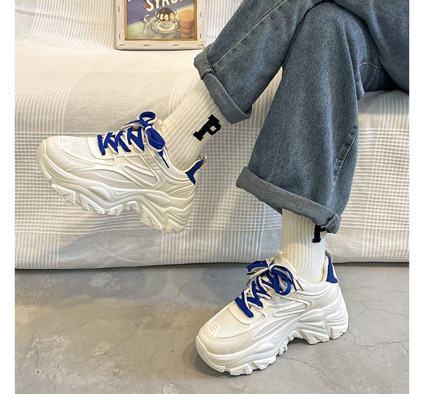 Sneakers Faux Tone Mesh Two Lace-Up Leather Platform Panel