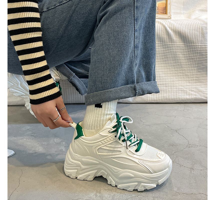 Sneakers Faux Tone Mesh Two Lace-Up Leather Platform Panel