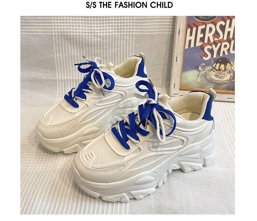 Sneakers Faux Tone Mesh Two Lace-Up Leather Platform Panel