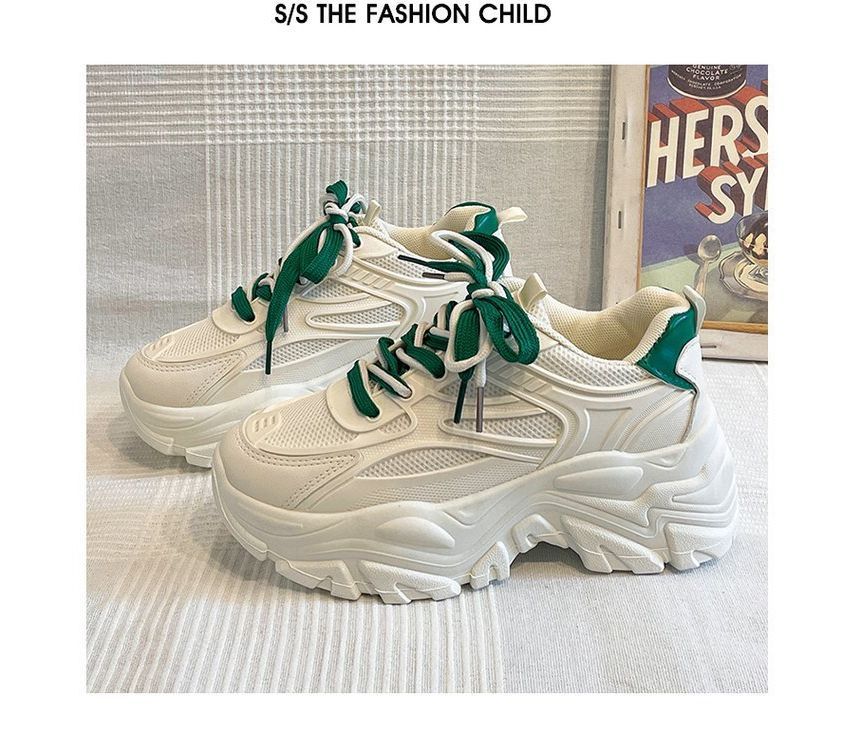 Sneakers Faux Tone Mesh Two Lace-Up Leather Platform Panel