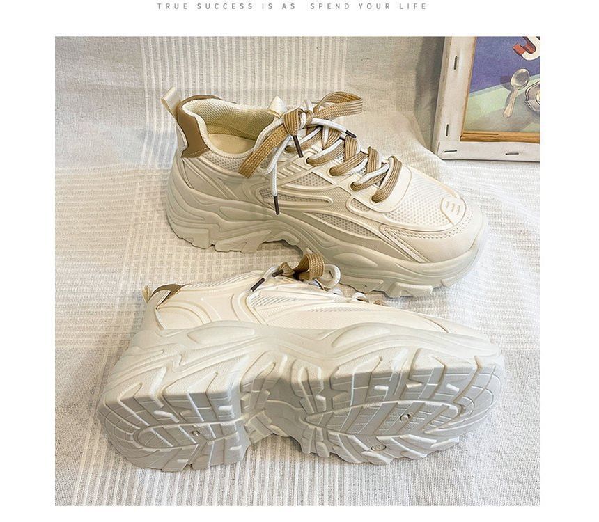 Sneakers Faux Tone Mesh Two Lace-Up Leather Platform Panel