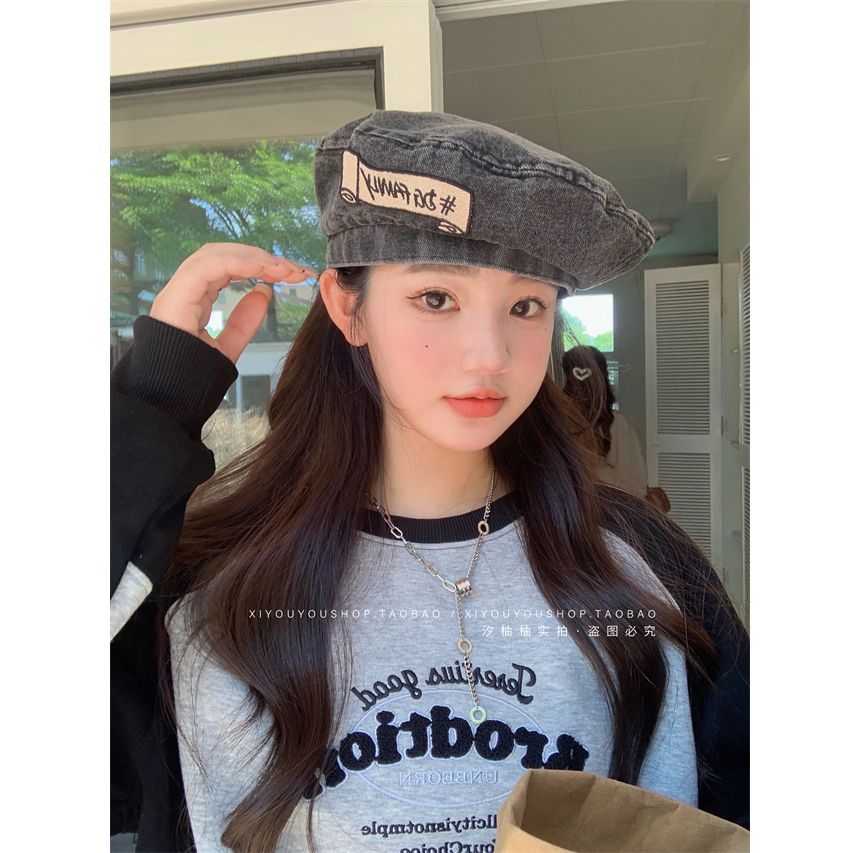 Lettering Embroidered Hat Denim Beret