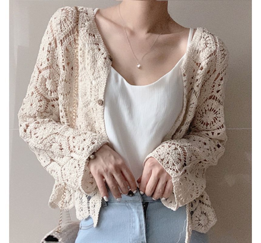 Plain Crop Crochet Knit Cardigan