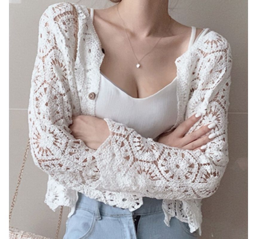 Plain Crop Crochet Knit Cardigan