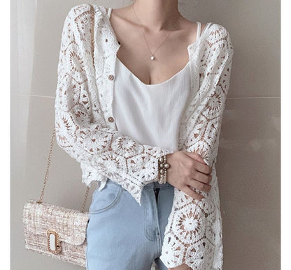 Plain Crop Crochet Knit Cardigan