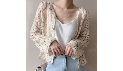 Plain Crop Crochet Knit Cardigan