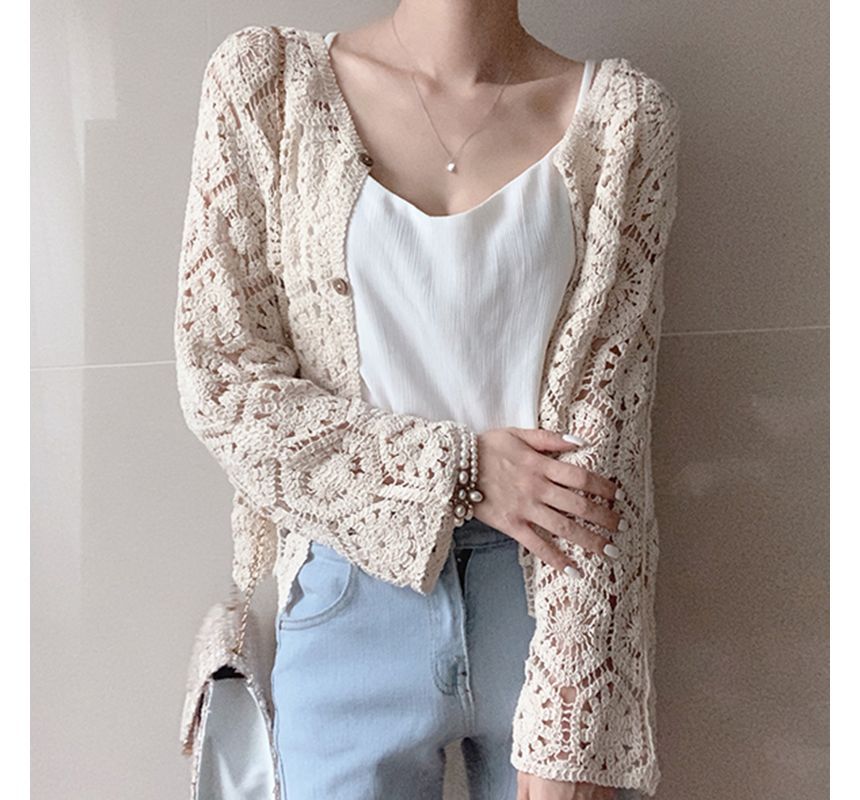 Plain Crop Crochet Knit Cardigan