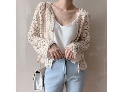 Plain Crop Crochet Knit Cardigan