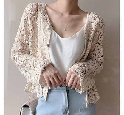 Plain Crop Crochet Knit Cardigan