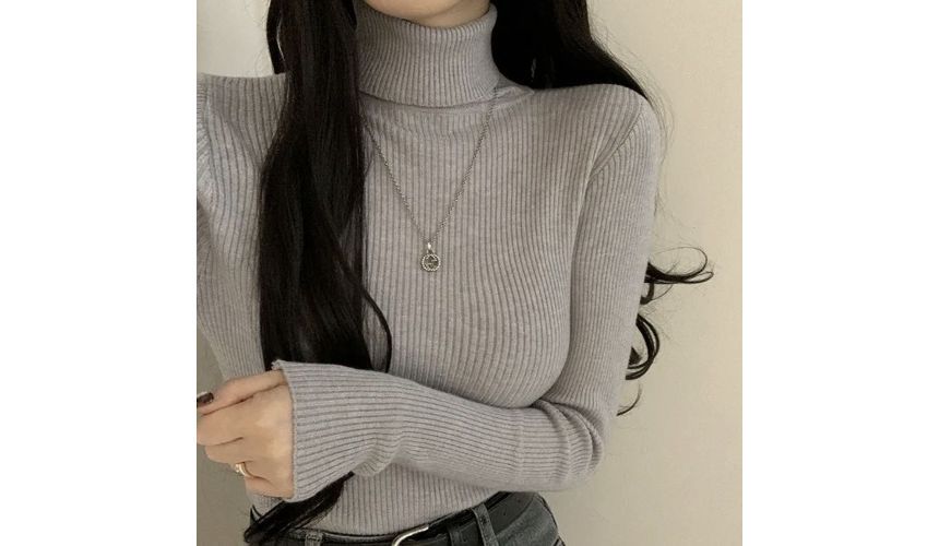 Long-Sleeve Turtleneck Plain Ribbed Knit Top