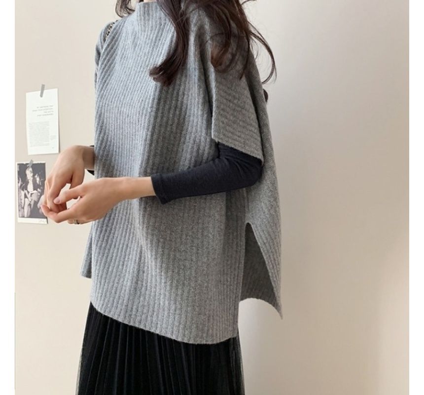 Plain Slit Ribbed Knit Poncho