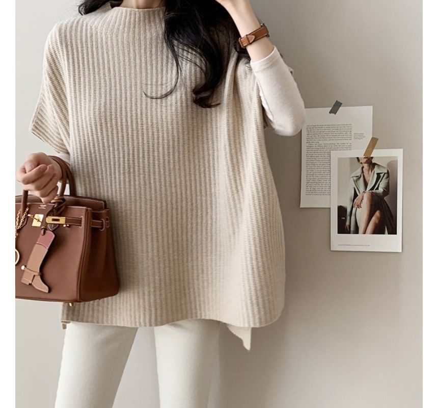 Plain Slit Ribbed Knit Poncho