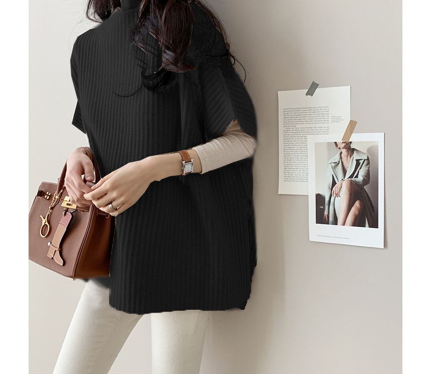 Plain Slit Ribbed Knit Poncho