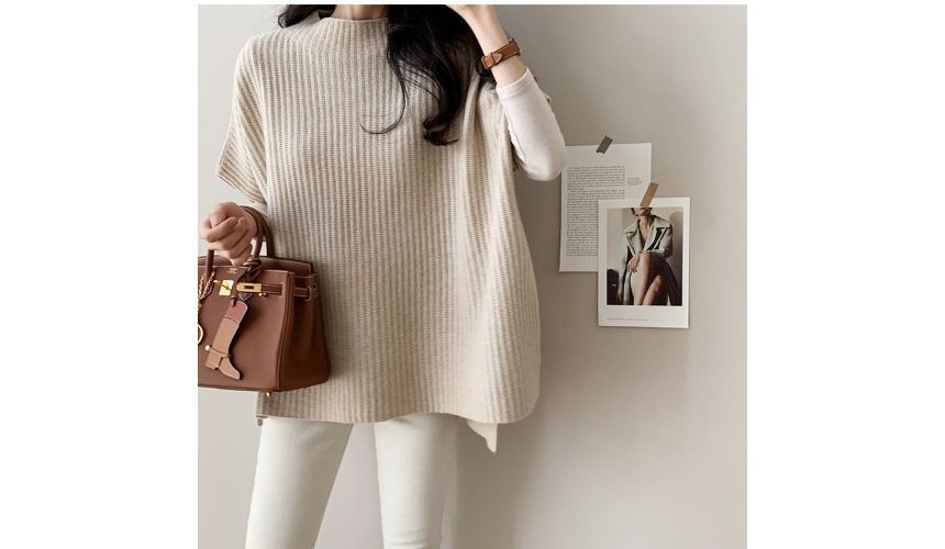 Plain Slit Ribbed Knit Poncho