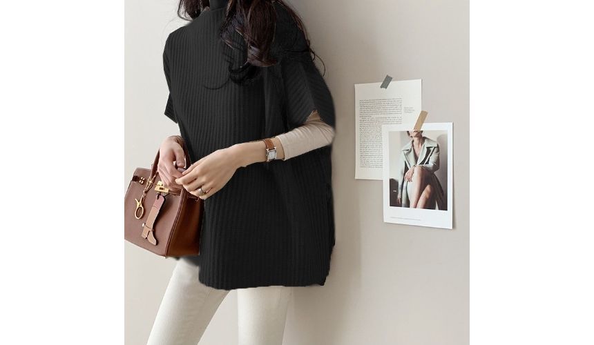 Plain Slit Ribbed Knit Poncho