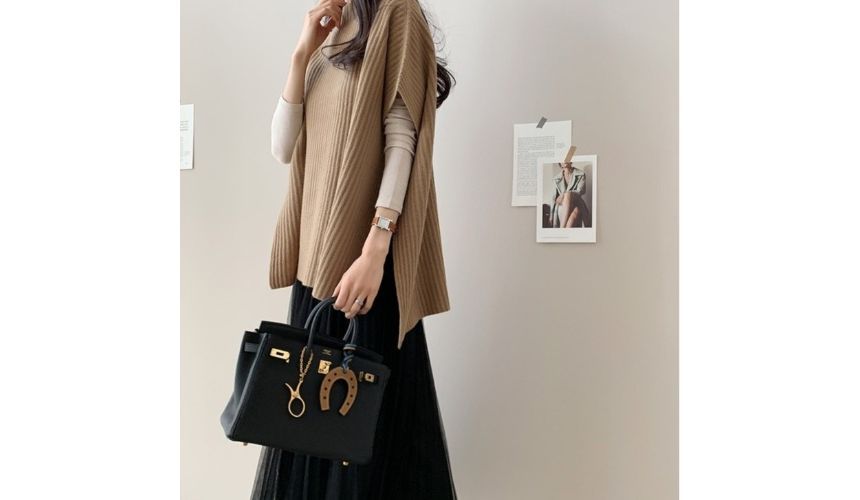 Plain Slit Ribbed Knit Poncho