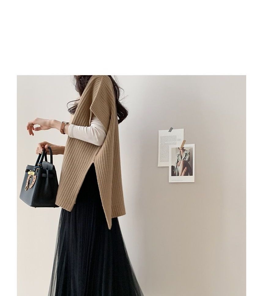 Plain Slit Ribbed Knit Poncho