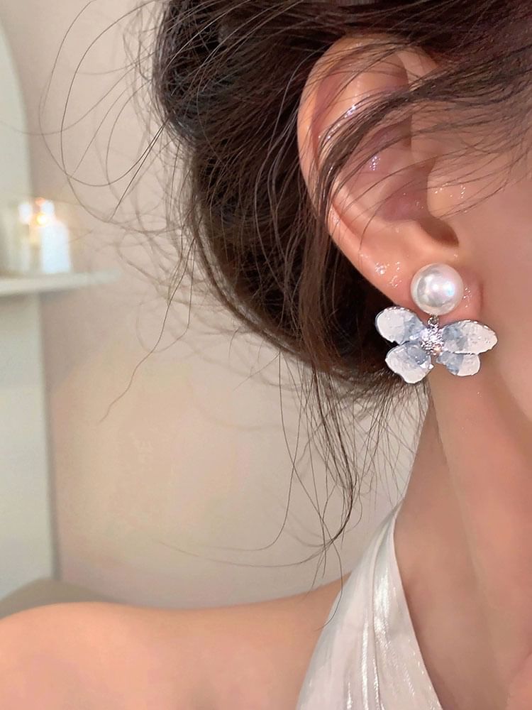 Faux Clip-On Drop Floral Pearl / Earring