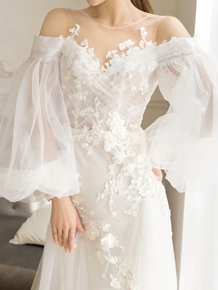 Balloon Sleeve Cold Shoulder Plain Flower Applique Mesh A-Line Wedding Gown