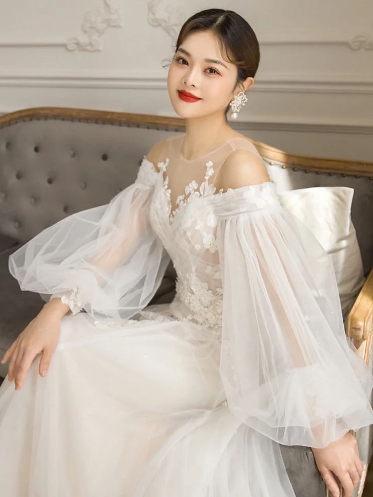 Balloon Sleeve Cold Shoulder Plain Flower Applique Mesh A-Line Wedding Gown