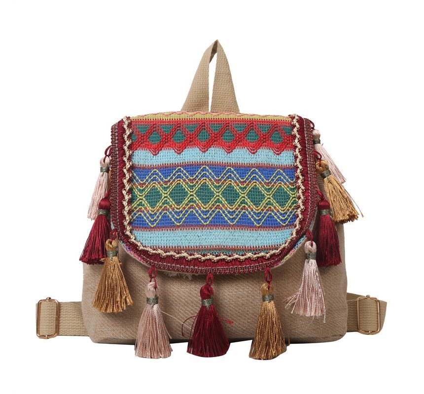 Patterned Tassel Detail Flap Backpack