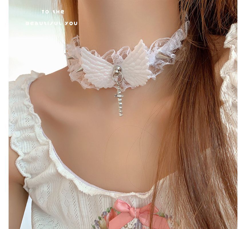 Cross Rhinestone Wing Pendant Studded Lace Choker