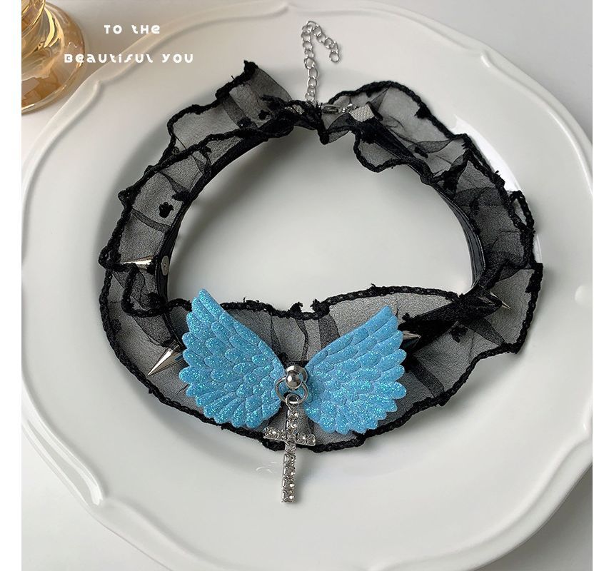 Cross Rhinestone Wing Pendant Studded Lace Choker