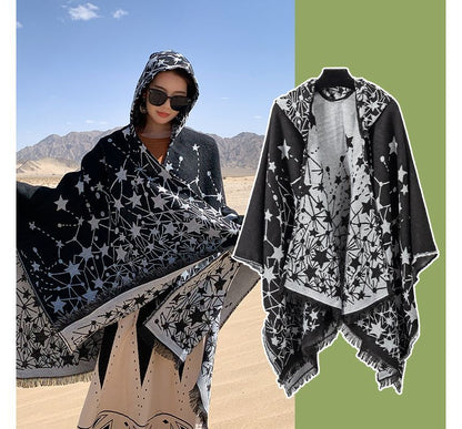 Print Fringed Hooded Cape