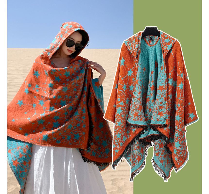 Print Fringed Hooded Cape