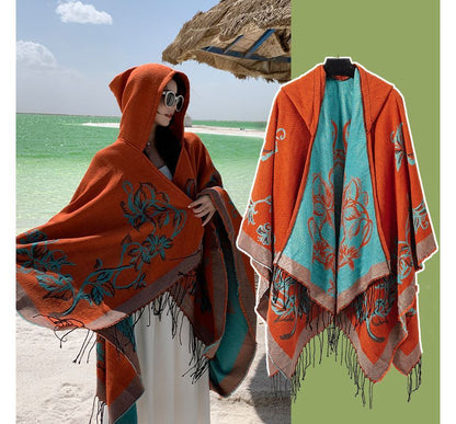 Floral Fringed Hooded Cape