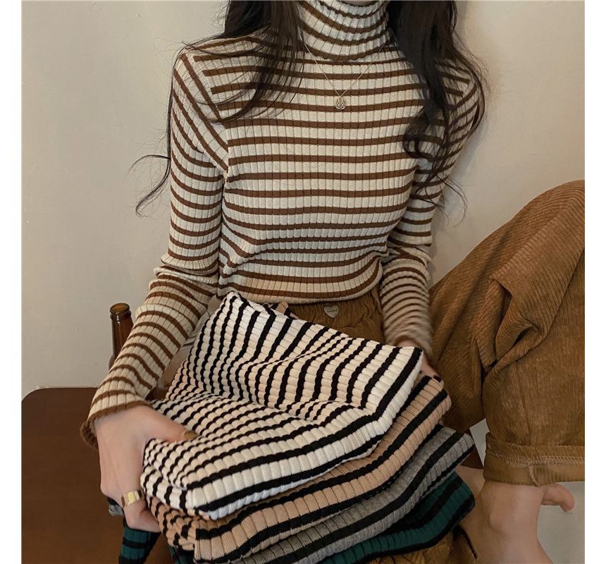 Long-Sleeve Turtleneck Striped Ribbed Knit Top