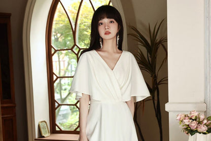 Elbow-Sleeve V-Neck Plain Maxi A-Line Dress