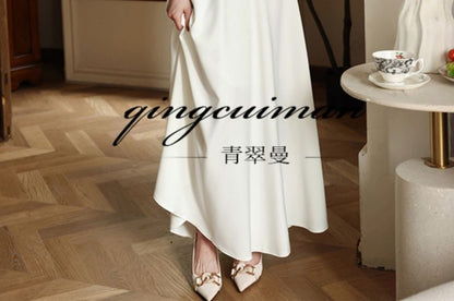 Elbow-Sleeve V-Neck Plain Maxi A-Line Dress