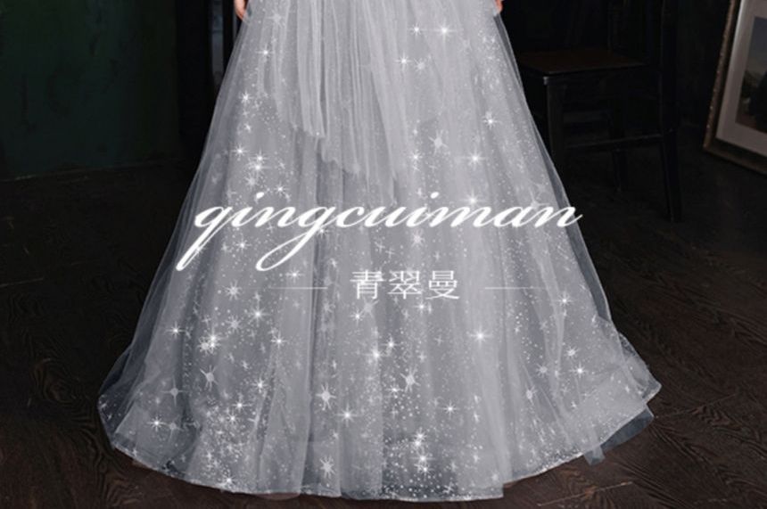 Puff-Sleeve Sweetheart Neckline Sequin Mesh A-Line Evening Gown